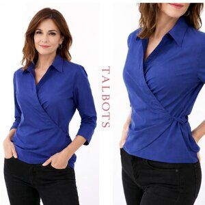 Talbots Blue Wrap Blouse 3/4 Sleeve Stretch Cotton Top Size Large